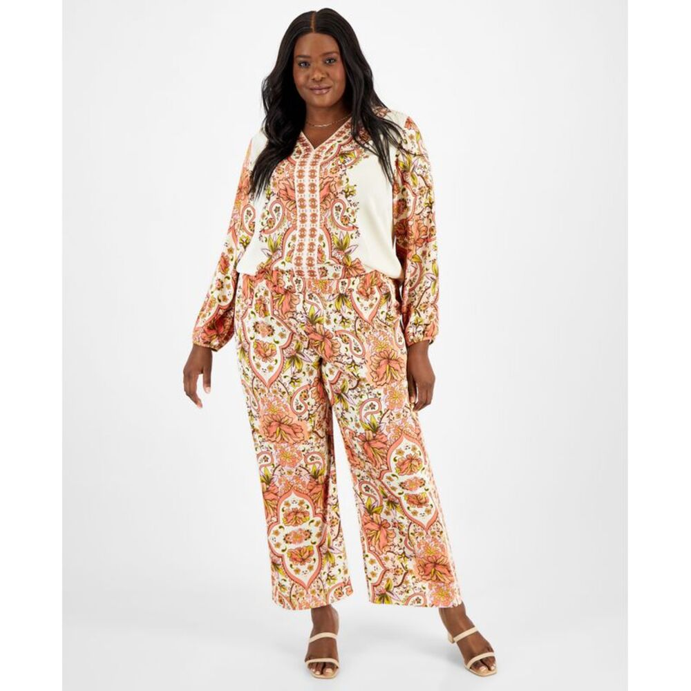 JM Collection Plus Size Pull-On Satin Medallion Pants